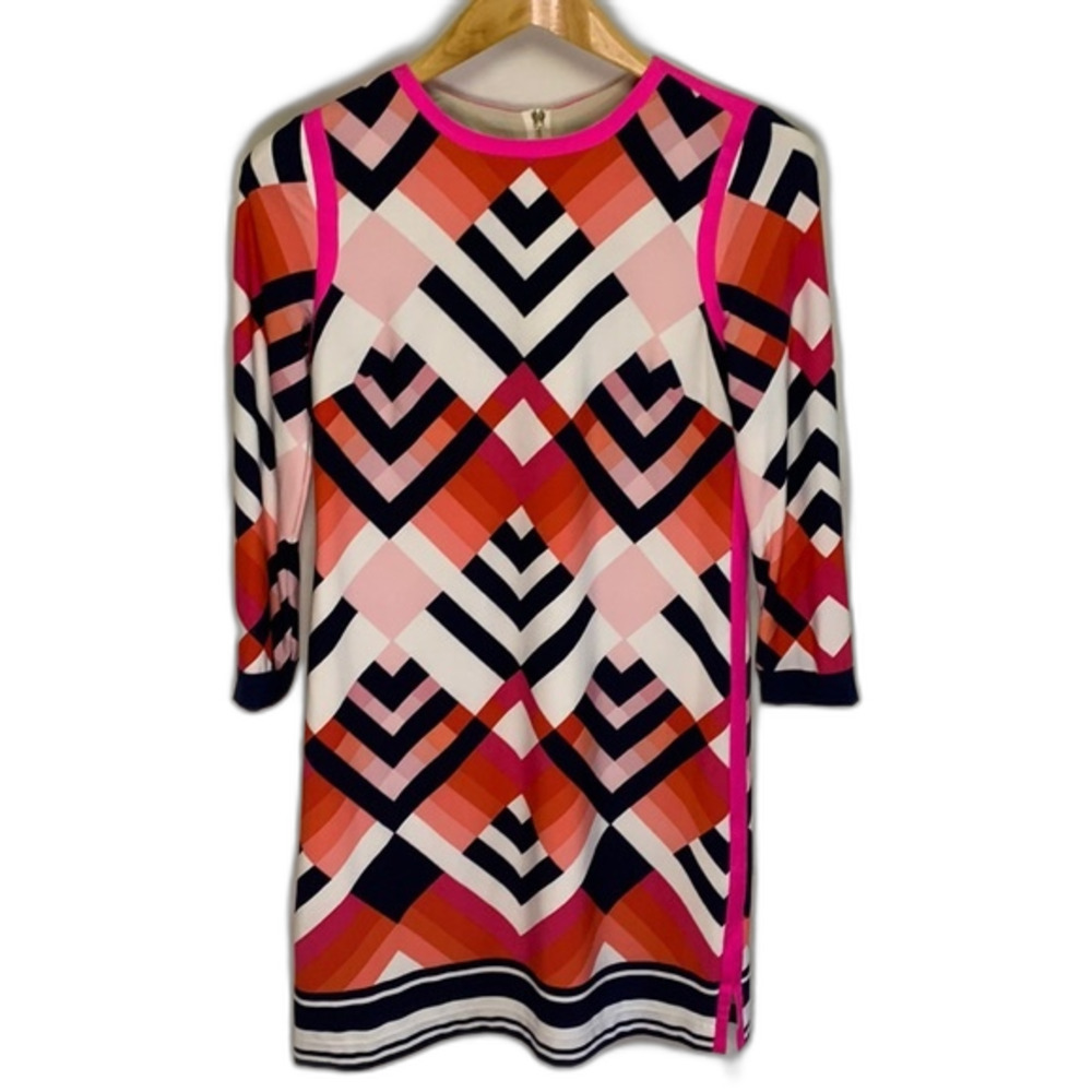 Eliza J Women's NWOT Black Red Ivory Mod Geometric LS Short Shift Dress Size 4 - Picture 2 of 12